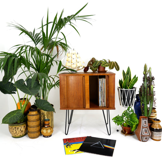 Mid Century Record Cabinet with TAMBOUR DOORS in Teak on Hairpin Legs