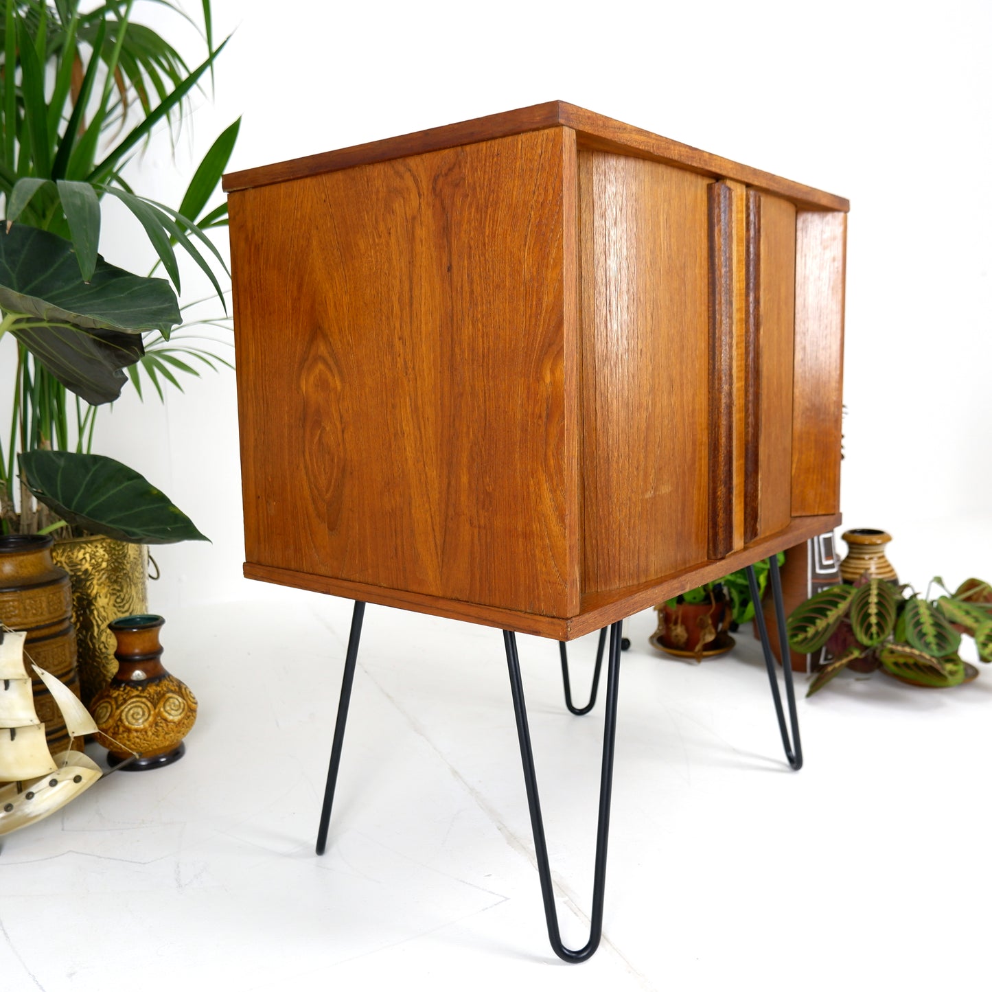 Mid Century Record Cabinet with TAMBOUR DOORS in Teak on Hairpin Legs