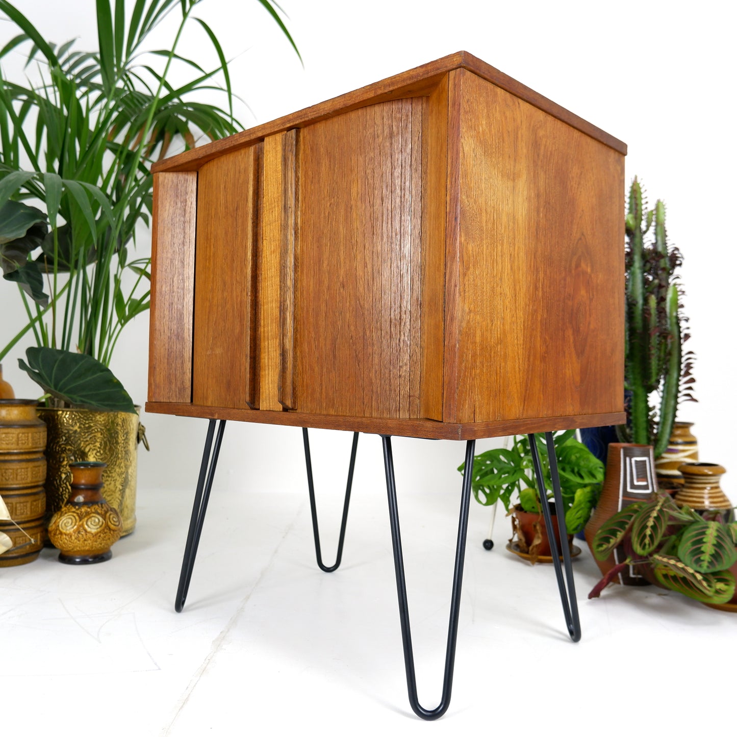 Mid Century Record Cabinet with TAMBOUR DOORS in Teak on Hairpin Legs