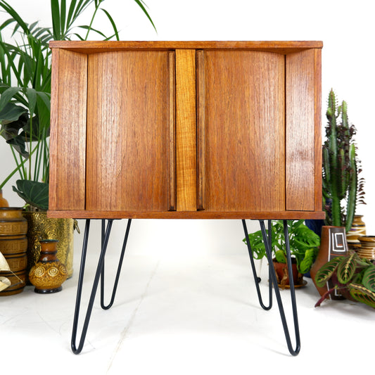 Mid Century Record Cabinet with TAMBOUR DOORS in Teak on Hairpin Legs