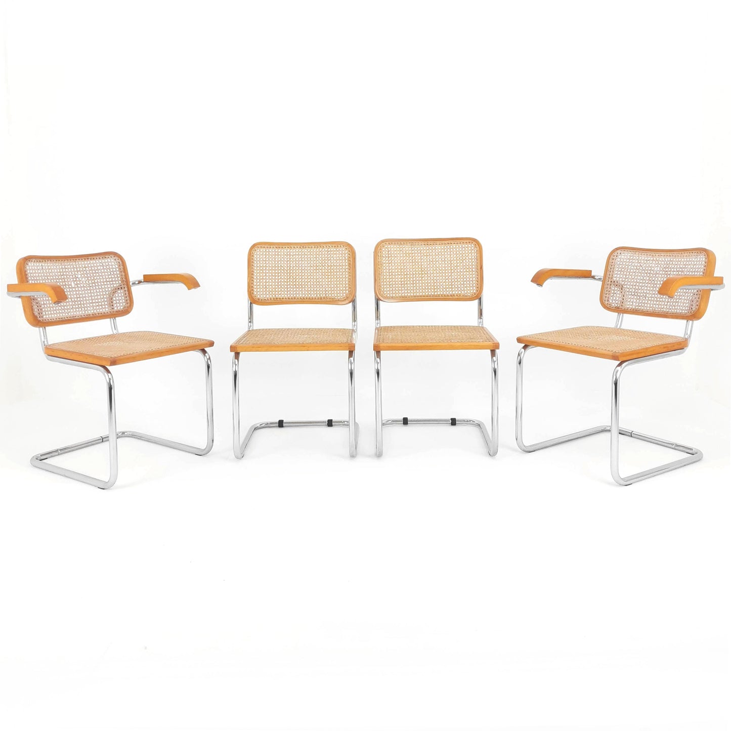 Marcel Breuer Cesca Style Cantilevered Chairs x4 - Rattan and Tubular Steel - Mid Century