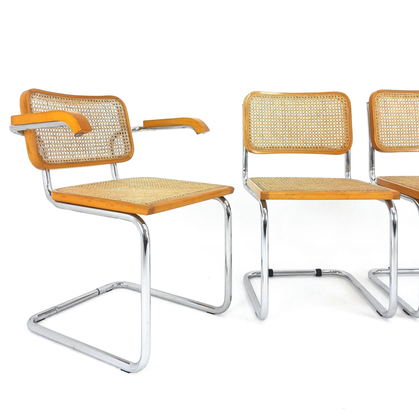 Marcel Breuer Cesca Style Cantilevered Chairs x4 - Rattan and Tubular Steel - Mid Century