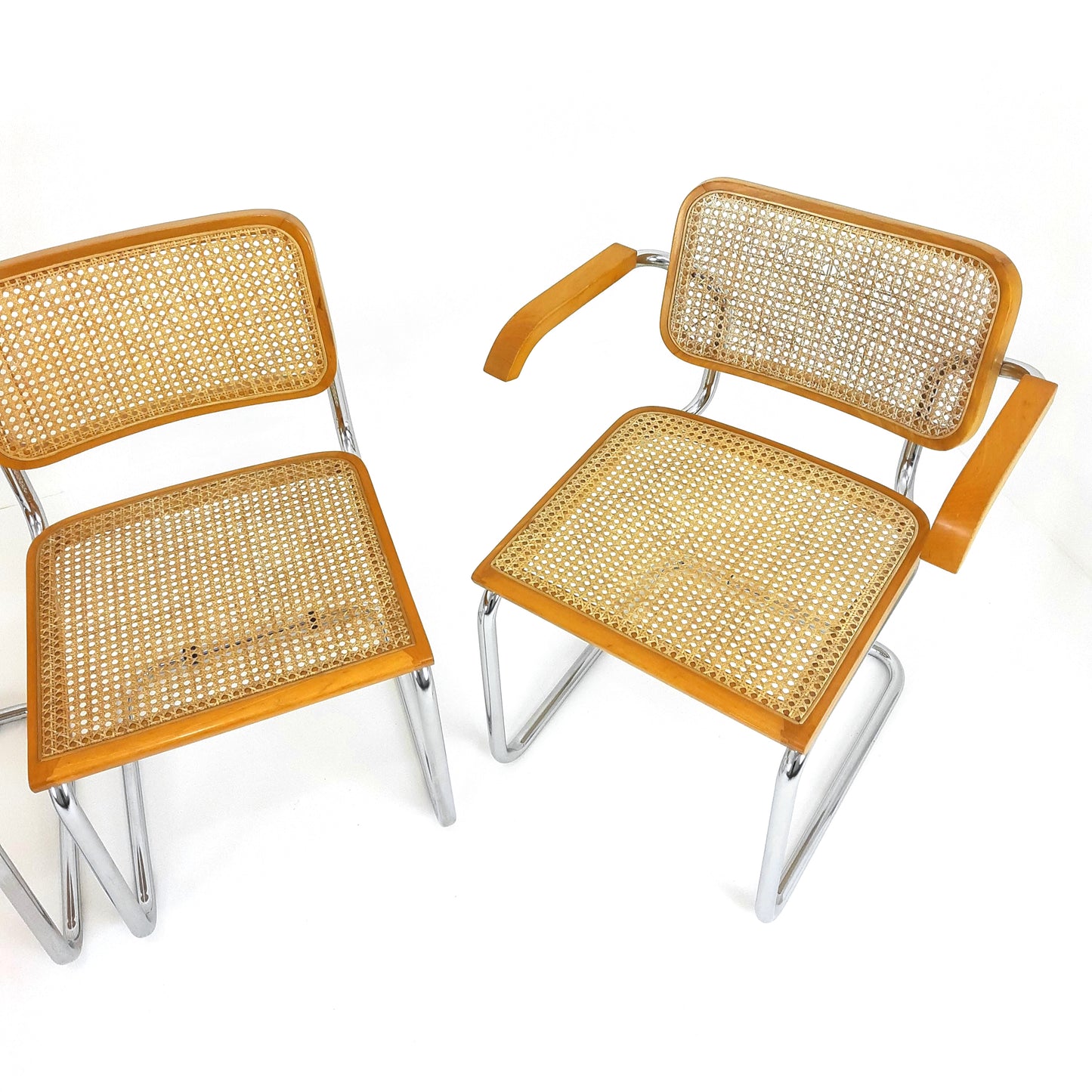 Marcel Breuer Cesca Style Cantilevered Chairs x4 - Rattan and Tubular Steel - Mid Century