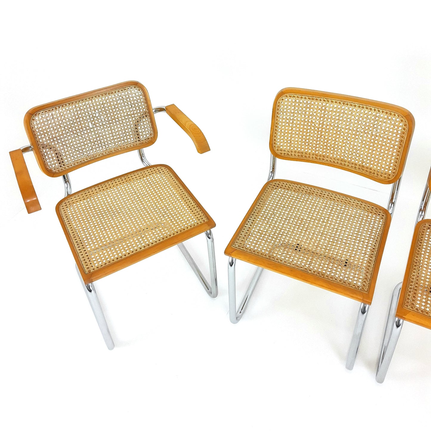 Marcel Breuer Cesca Style Cantilevered Chairs x4 - Rattan and Tubular Steel - Mid Century