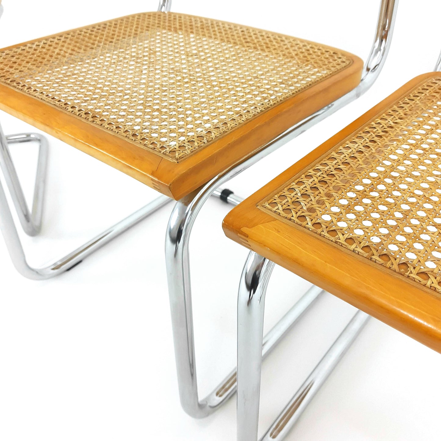 Marcel Breuer Cesca Style Cantilevered Chairs x4 - Rattan and Tubular Steel - Mid Century