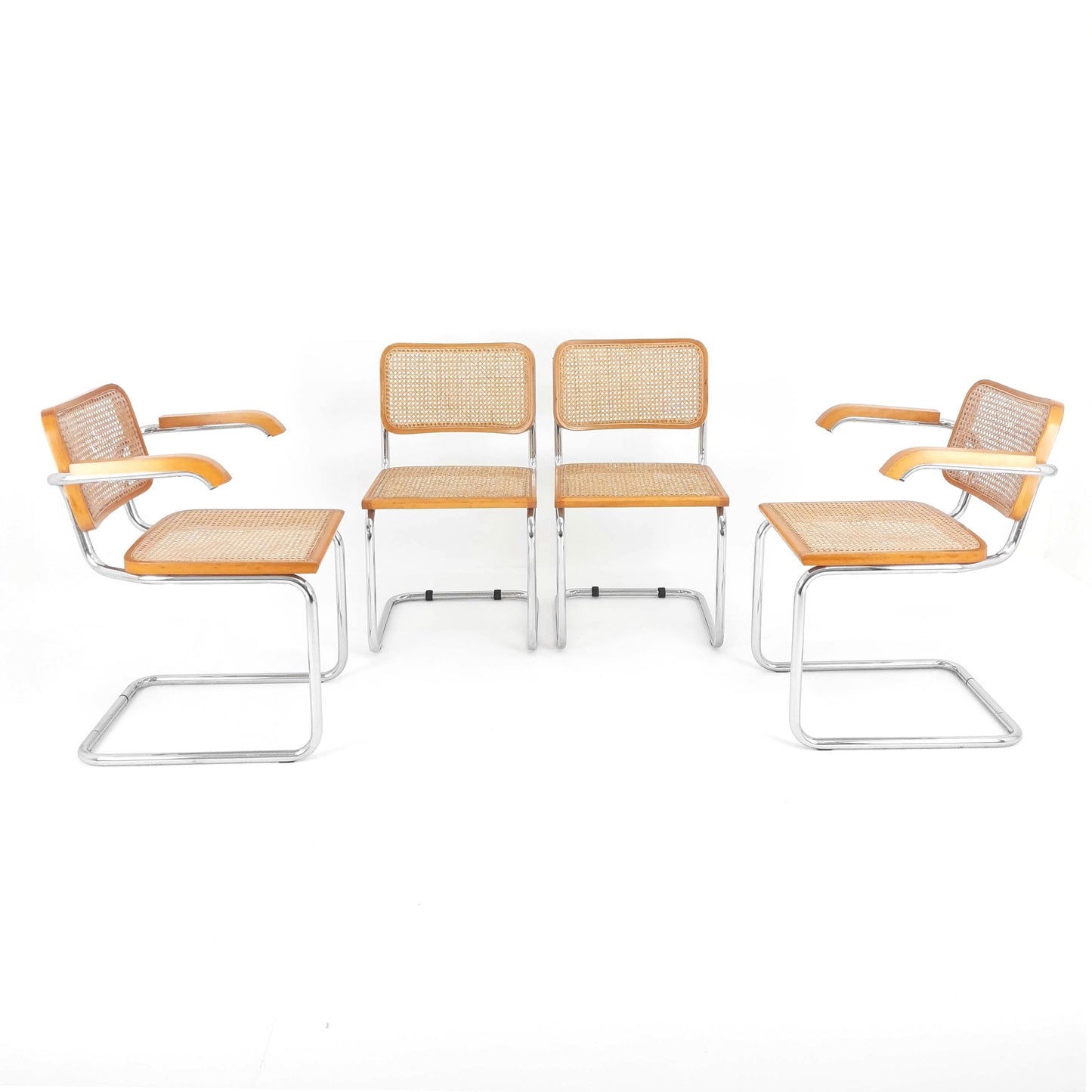 Marcel Breuer Cesca Style Cantilevered Chairs x4 - Rattan and Tubular Steel - Mid Century