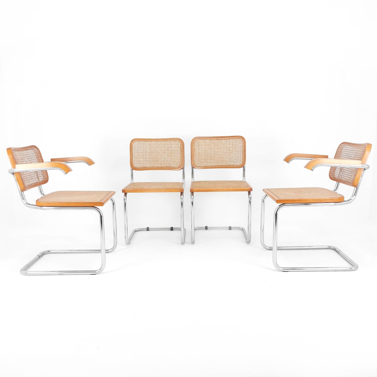 Marcel Breuer Cesca Style Cantilevered Chairs x4 - Rattan and Tubular Steel - Mid Century