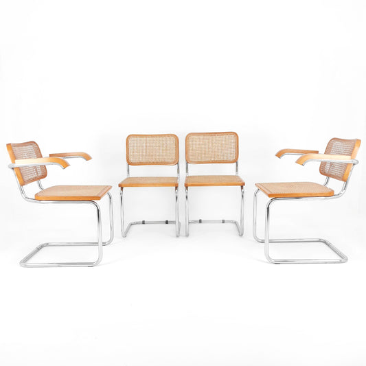 Marcel Breuer Cesca Style Cantilevered Chairs x4 - Rattan and Tubular Steel - Mid Century