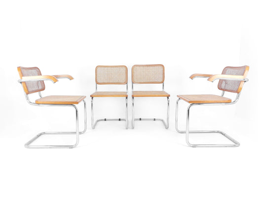 Marcel Breuer Cesca Style Cantilevered Chairs x4 - Rattan and Tubular Steel - Mid Century