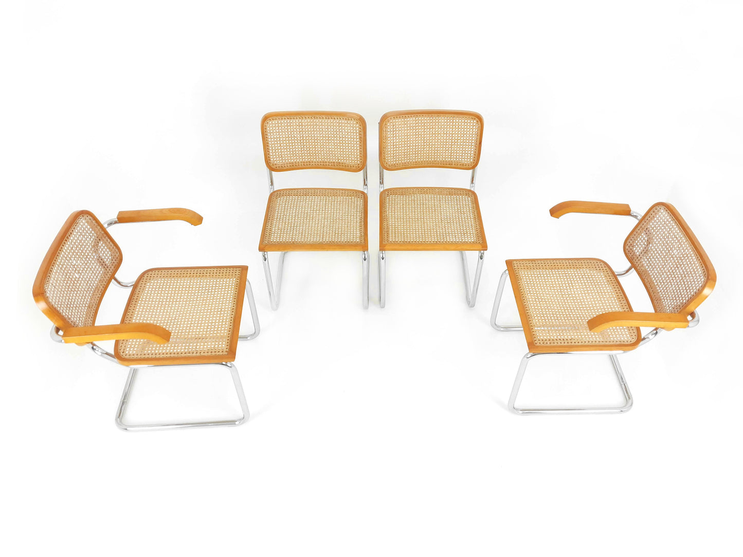 Marcel Breuer Cesca Style Cantilevered Chairs x4 - Rattan and Tubular Steel - Mid Century