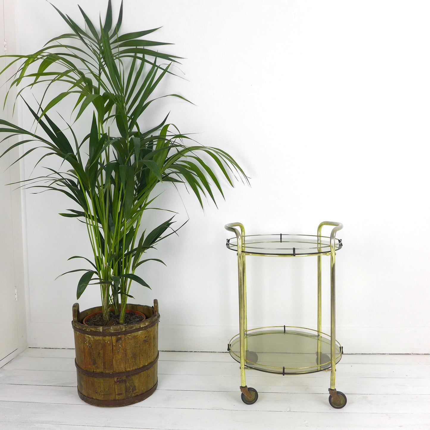 Mid Century Drinks Trolley - Circular Brass and Glass Cart