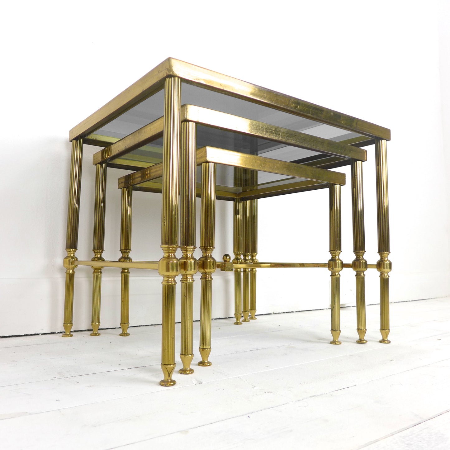 Mid Century Brass & Glass Nest of Tables by Maison Jansen