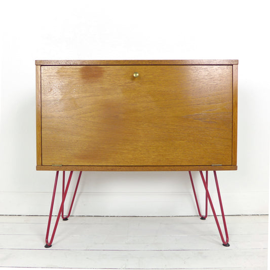 Vintage Teak Record Cabinet / Drinks Cabinet on Red Hairpin Legs