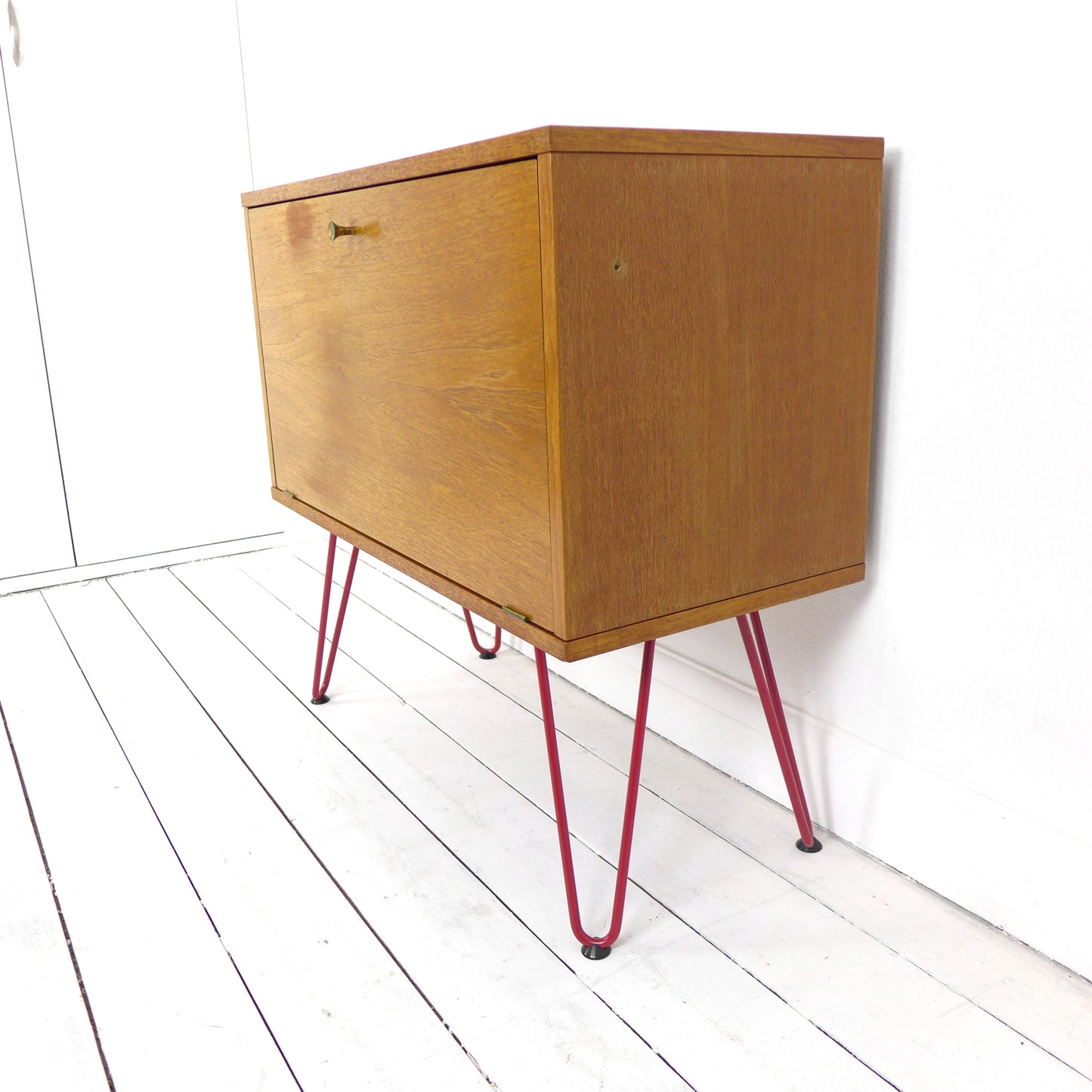 Vintage Teak Record Cabinet / Drinks Cabinet on Red Hairpin Legs