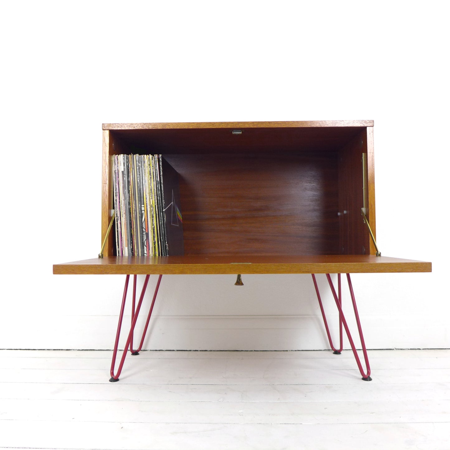 Vintage Teak Record Cabinet / Drinks Cabinet on Red Hairpin Legs