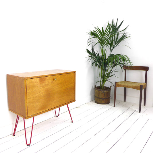 Vintage Teak Record Cabinet / Drinks Cabinet on Red Hairpin Legs