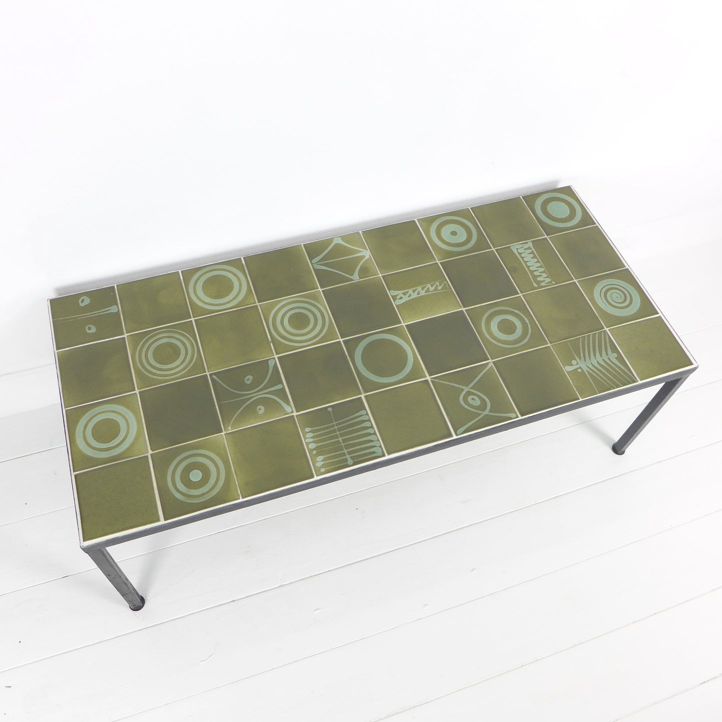 Mid Century Tile Top Coffee Table - Green Geometric Abstract Designs