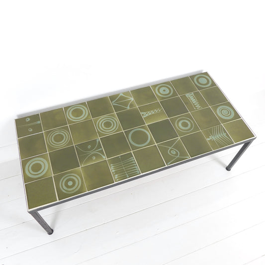Mid Century Tile Top Coffee Table - Green Geometric Abstract Designs