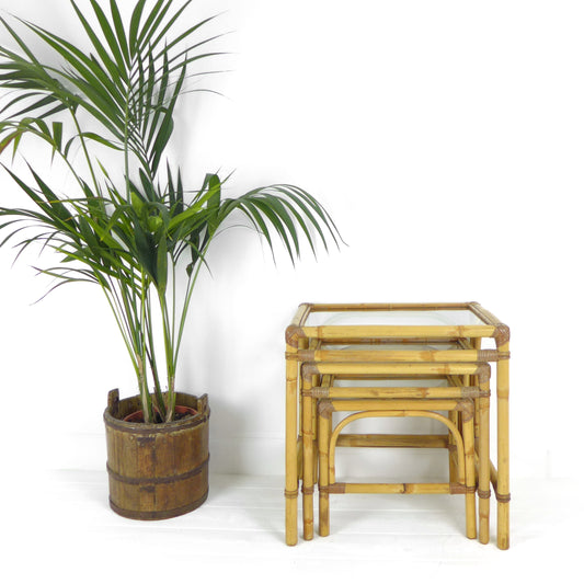 Mid Century Bamboo & Glass Nest of Tables / Coffee Table by Angraves