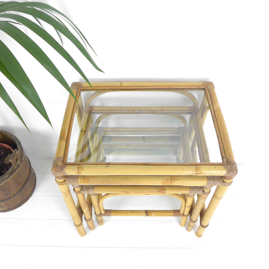 Mid Century Bamboo & Glass Nest of Tables / Coffee Table by Angraves