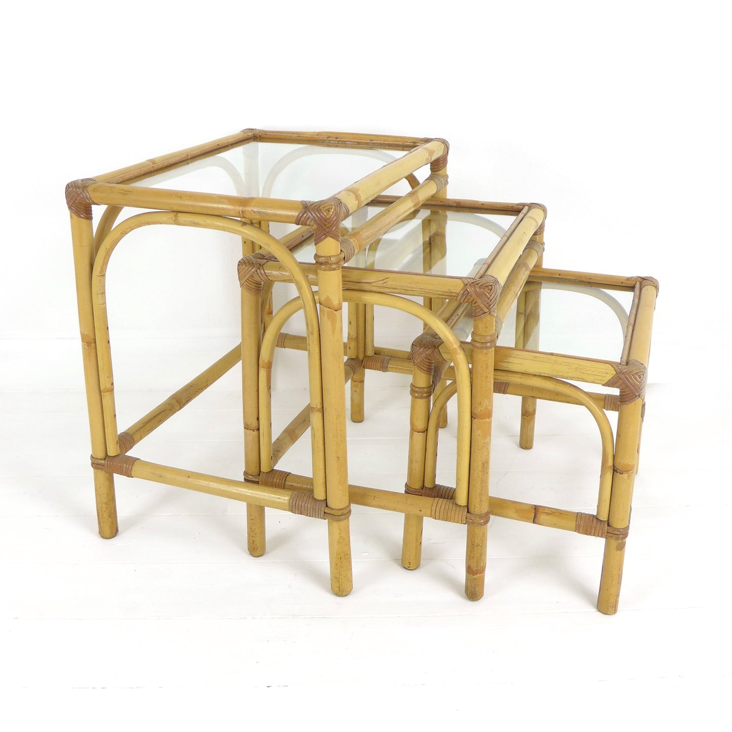 Mid Century Bamboo & Glass Nest of Tables / Coffee Table by Angraves