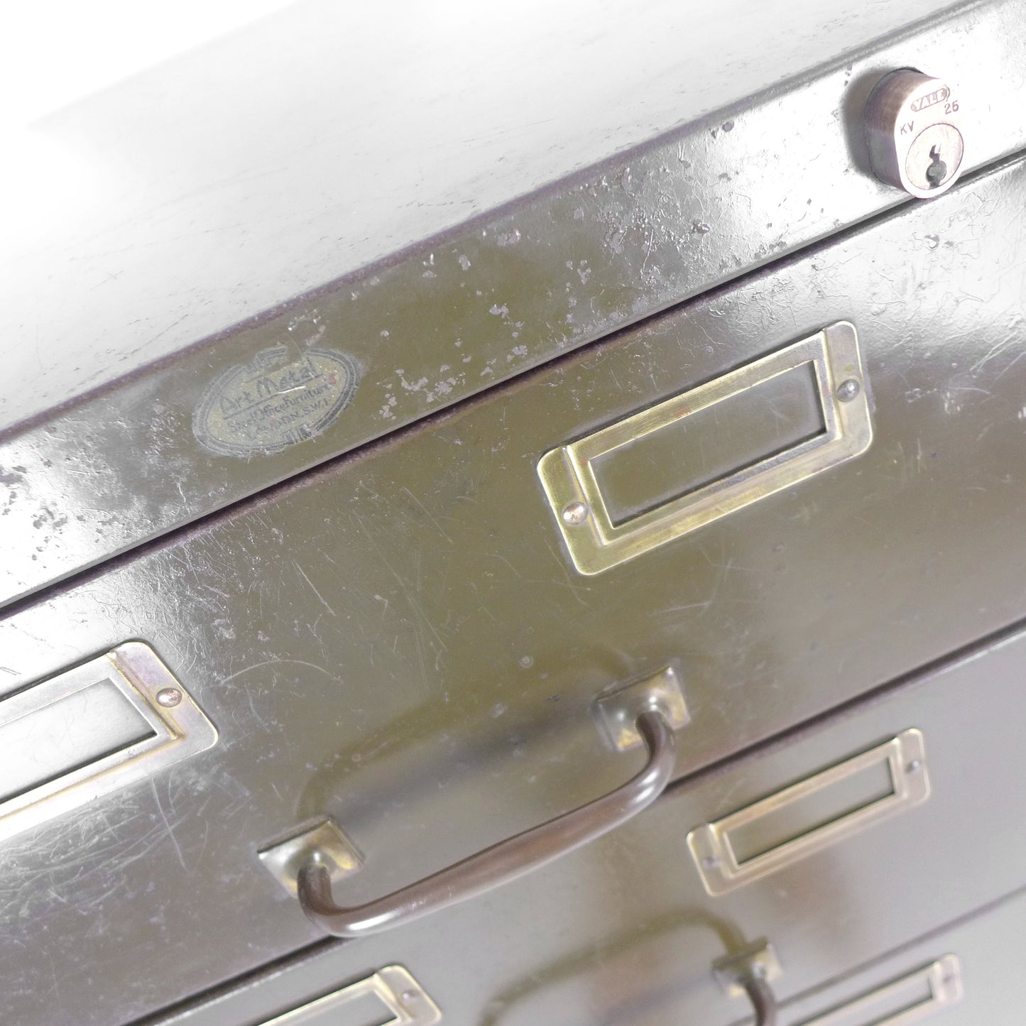 Vintage Metal Filing Cabinet by Artmetal - Brass Fittings - Industrial 9 Narrow Drawers in Green