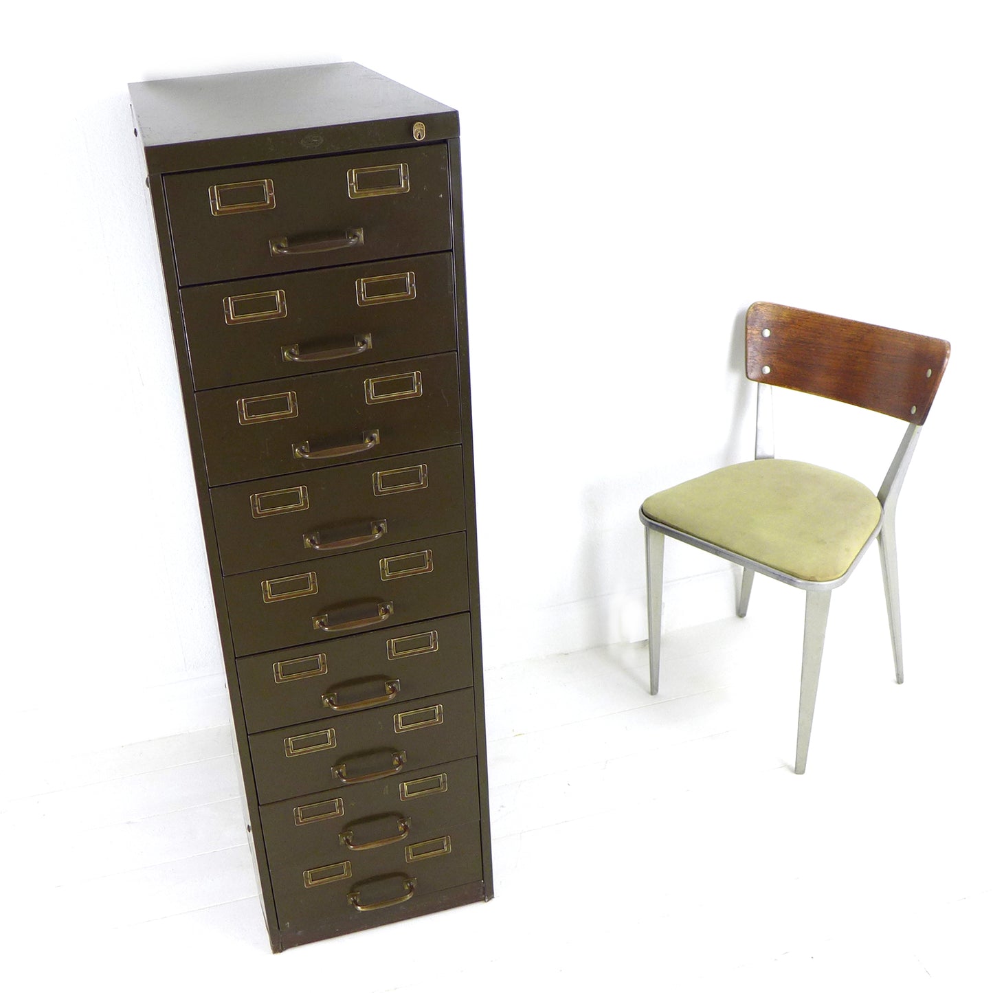 Vintage Metal Filing Cabinet by Artmetal - Brass Fittings - Industrial 9 Narrow Drawers in Green
