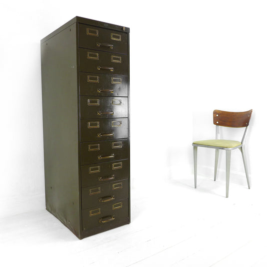 Vintage Metal Filing Cabinet by Artmetal - Brass Fittings - Industrial 9 Narrow Drawers in Green