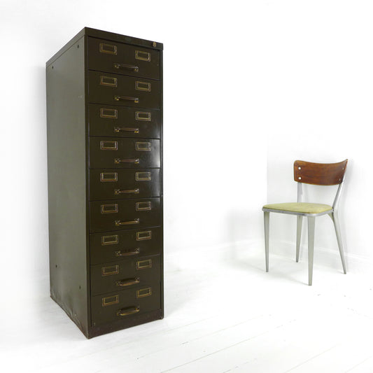 Vintage Metal Filing Cabinet by Artmetal - Brass Fittings - Industrial 9 Narrow Drawers in Green