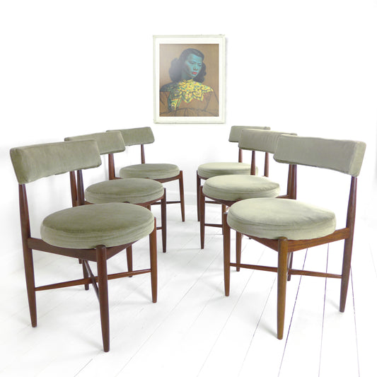 Vintage G PLAN Dining Chairs x6 Kofod Larsen - Original Velvet Upholstery - Mid Century Teak Set of 6