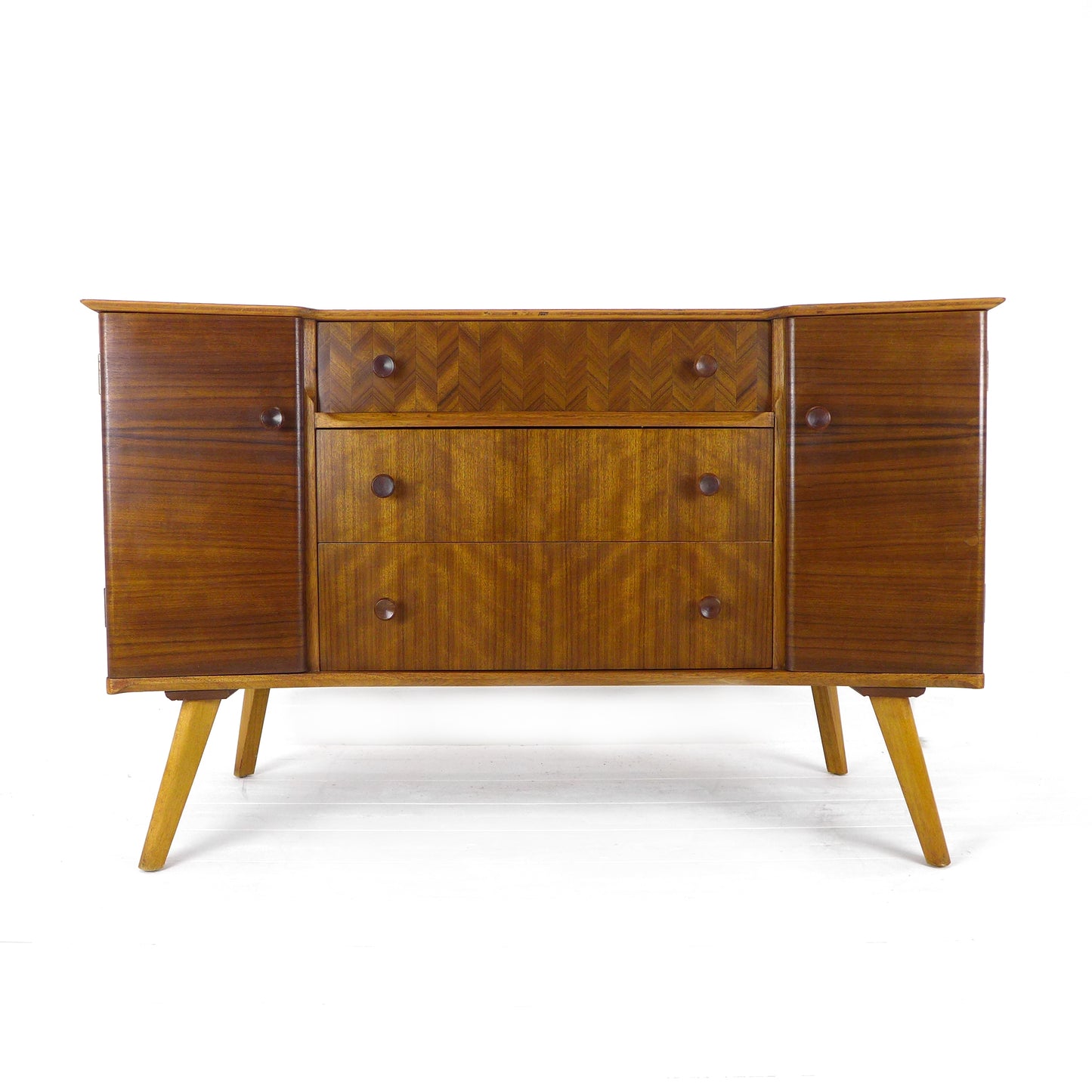 Mid Century Teak Sideboard with Veneer Detail - Record/Drinks Cabinet - Compact Size