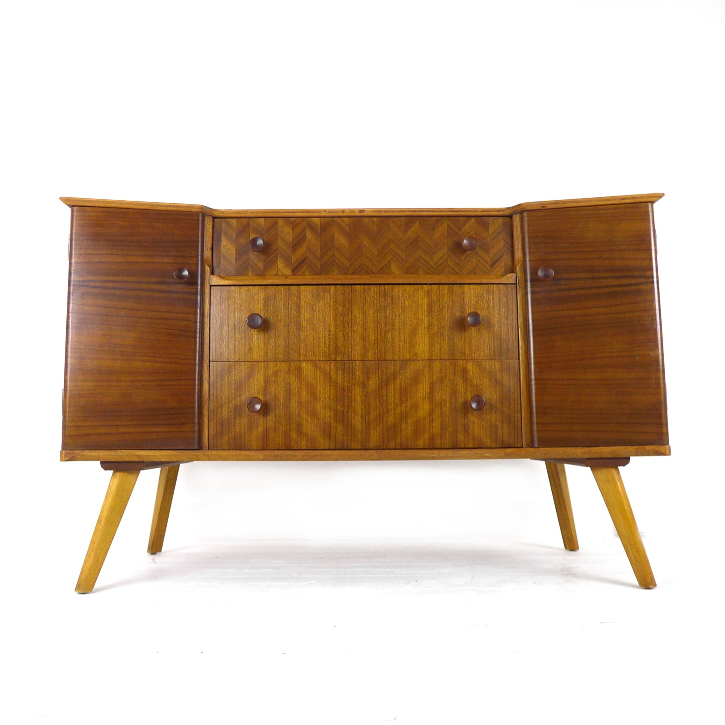 Mid Century Teak Sideboard with Veneer Detail - Record/Drinks Cabinet - Compact Size