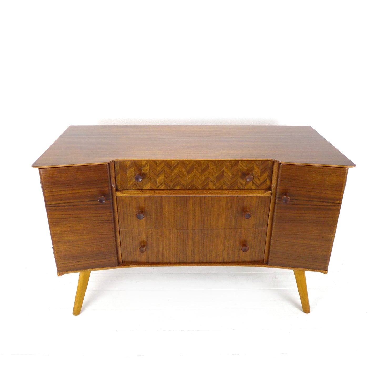 Mid Century Teak Sideboard with Veneer Detail - Record/Drinks Cabinet - Compact Size