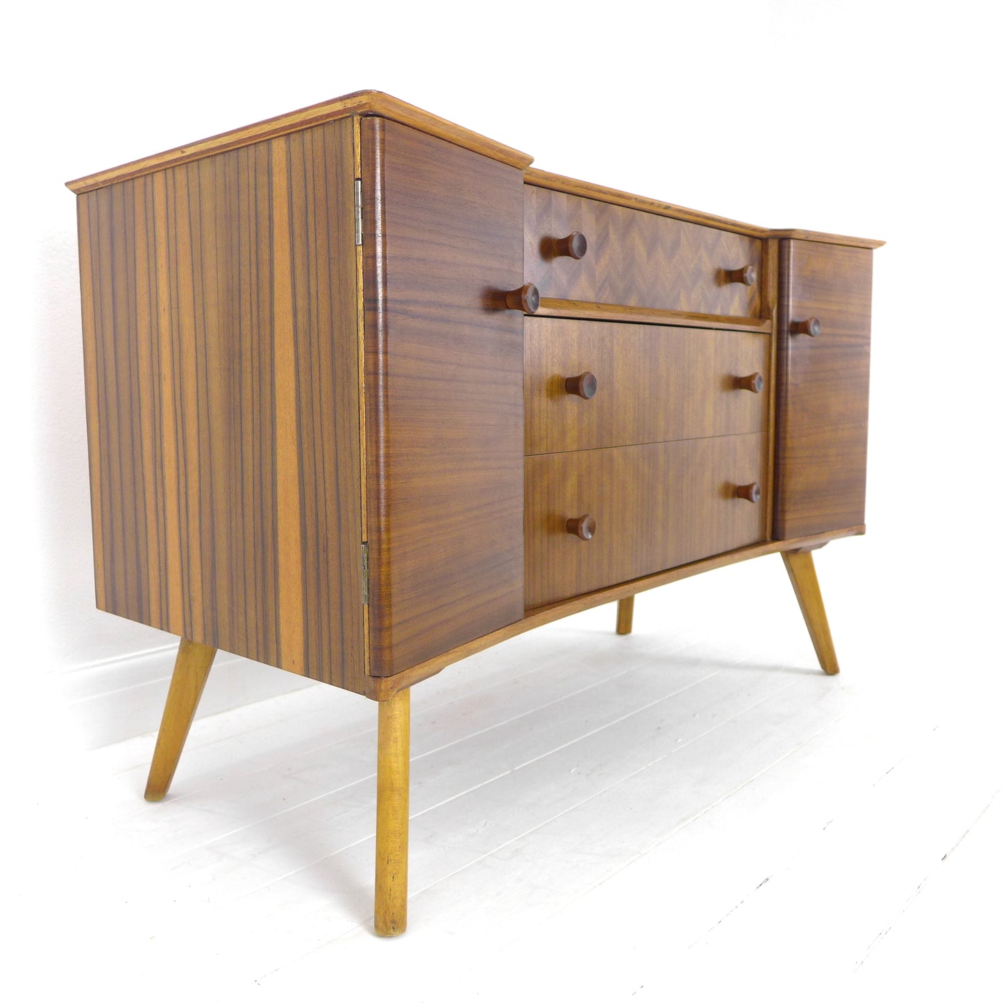 Mid Century Teak Sideboard with Veneer Detail - Record/Drinks Cabinet - Compact Size