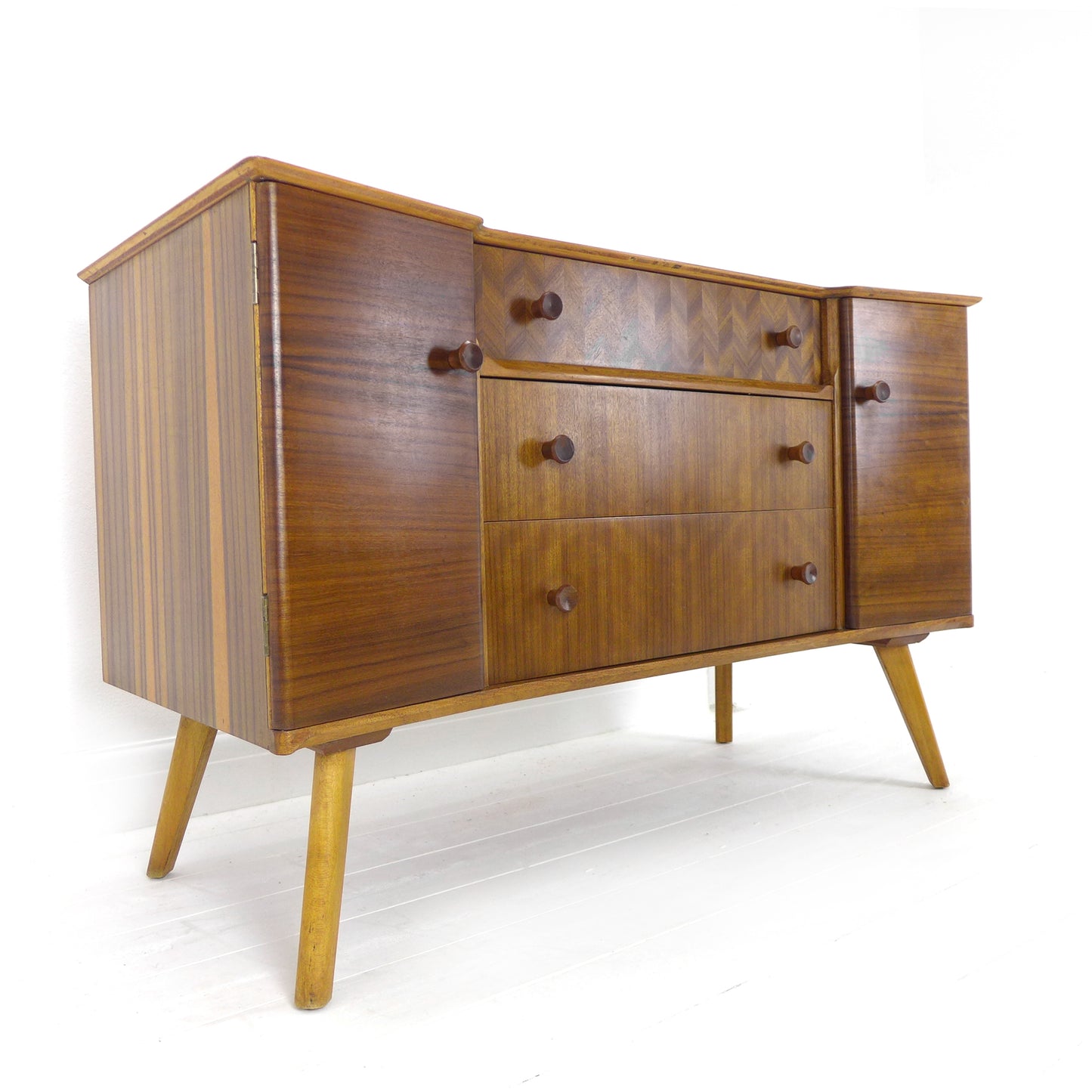 Mid Century Teak Sideboard with Veneer Detail - Record/Drinks Cabinet - Compact Size