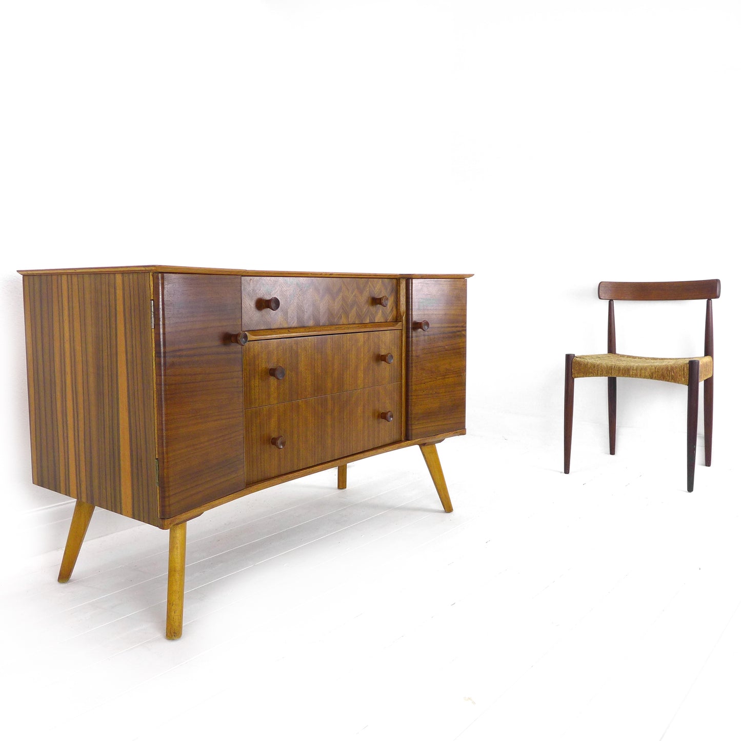 Mid Century Teak Sideboard with Veneer Detail - Record/Drinks Cabinet - Compact Size