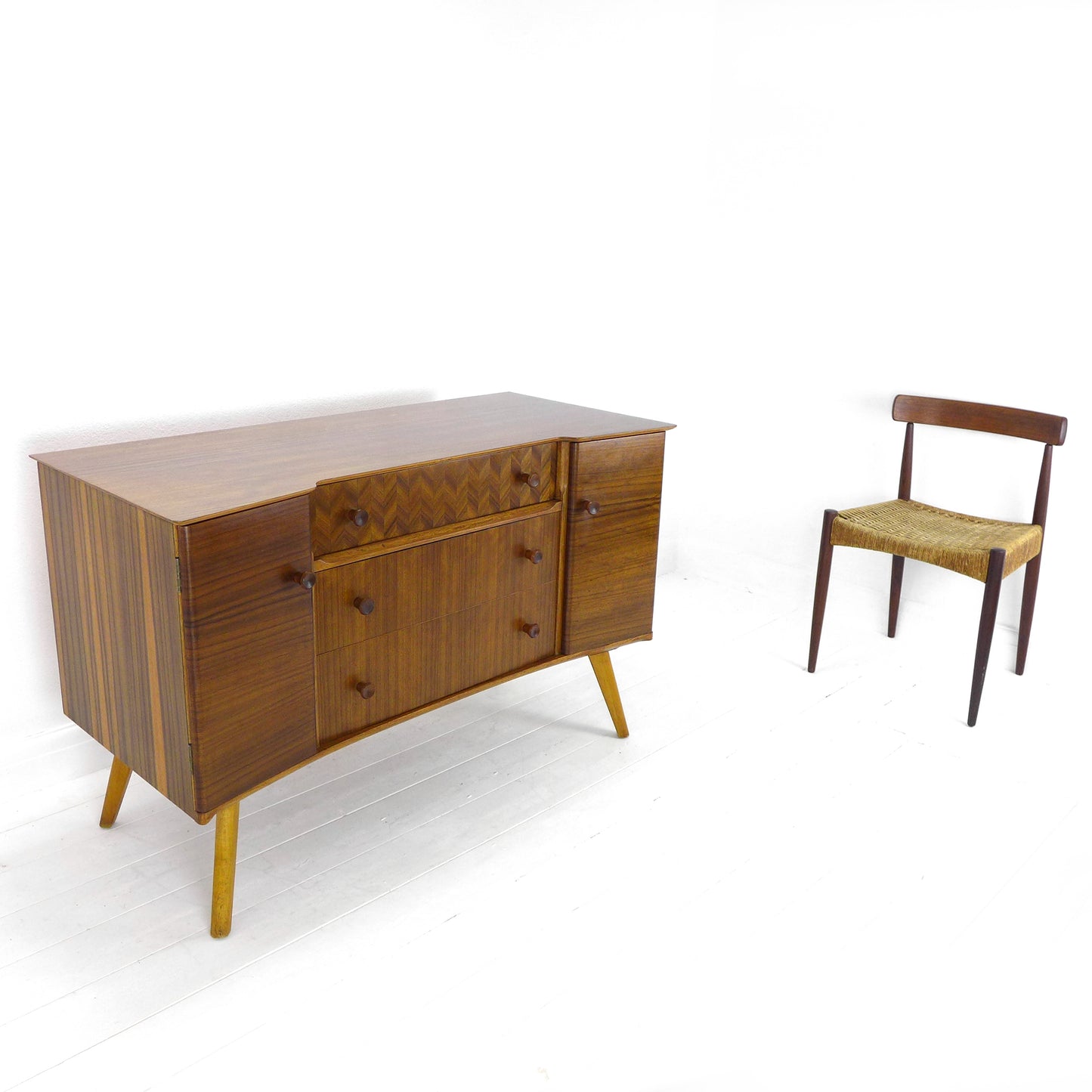 Mid Century Teak Sideboard with Veneer Detail - Record/Drinks Cabinet - Compact Size