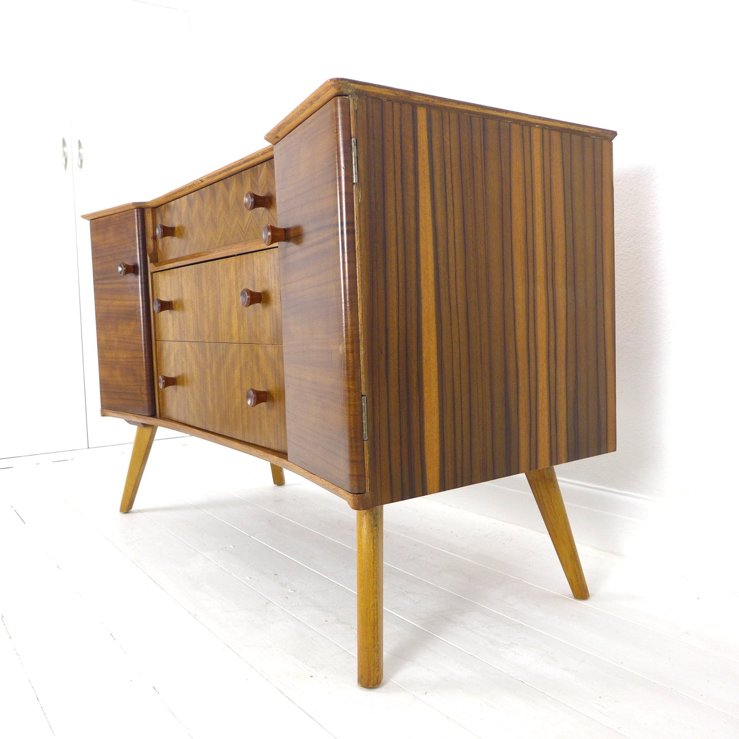 Mid Century Teak Sideboard with Veneer Detail - Record/Drinks Cabinet - Compact Size