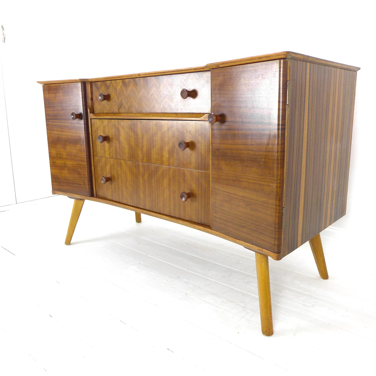 Mid Century Teak Sideboard with Veneer Detail - Record/Drinks Cabinet - Compact Size