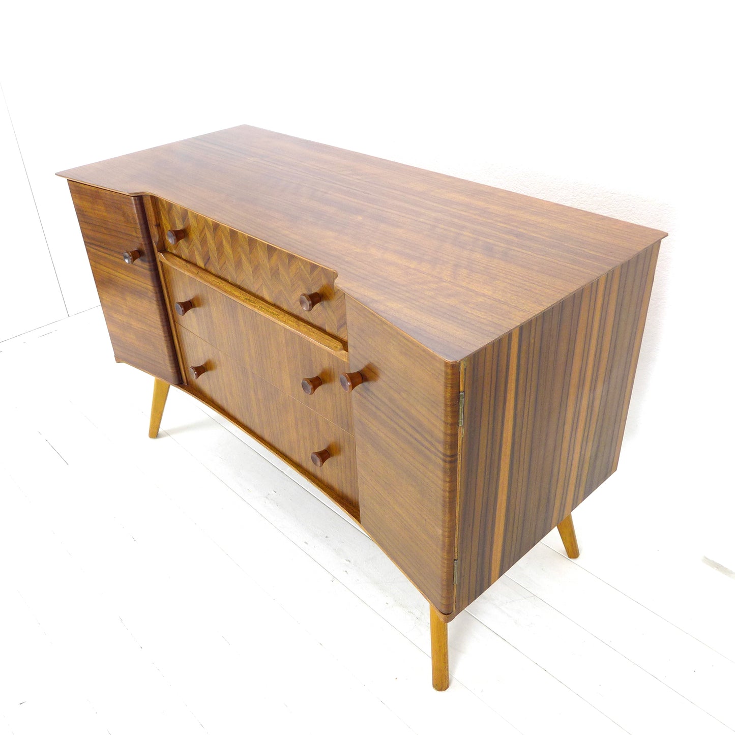 Mid Century Teak Sideboard with Veneer Detail - Record/Drinks Cabinet - Compact Size