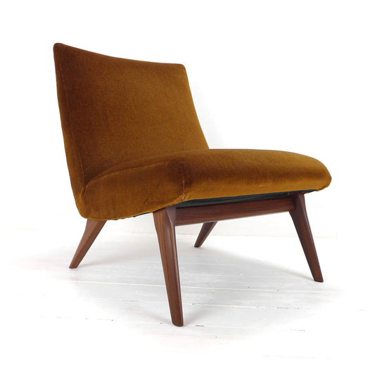 Mid Century Cocktail Chair in Brown Velvet & Teak - Vintage Armchair