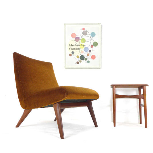 Mid Century Cocktail Chair in Brown Velvet & Teak - Vintage Armchair