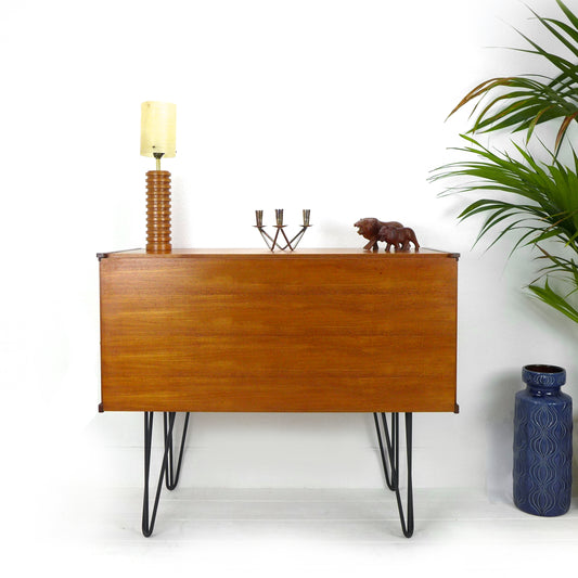 Mid Century Teak Drinks Cabinet / Compact Sideboard on Hairpin Legs - Beaver & Tapley