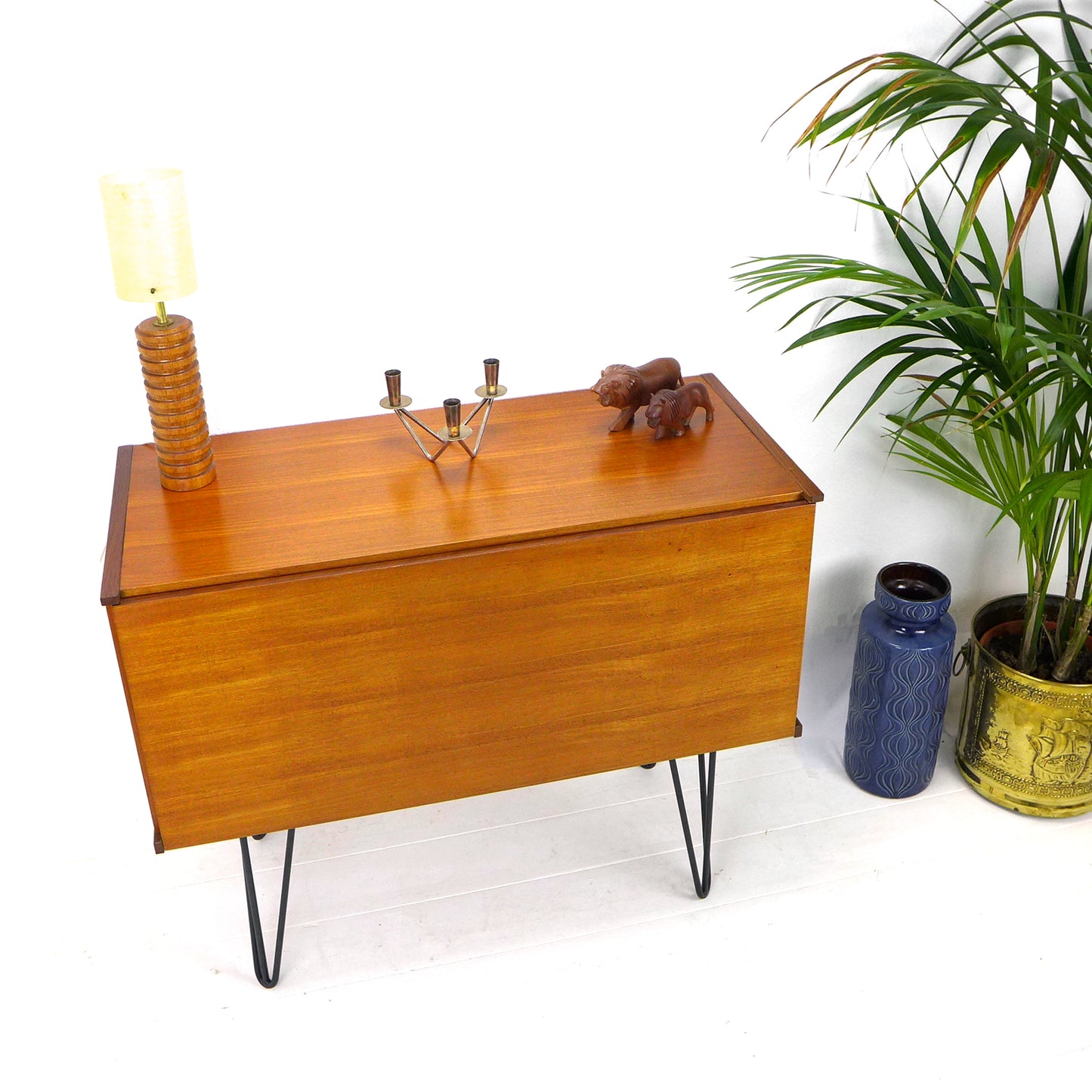 Mid Century Teak Drinks Cabinet / Compact Sideboard on Hairpin Legs - Beaver & Tapley