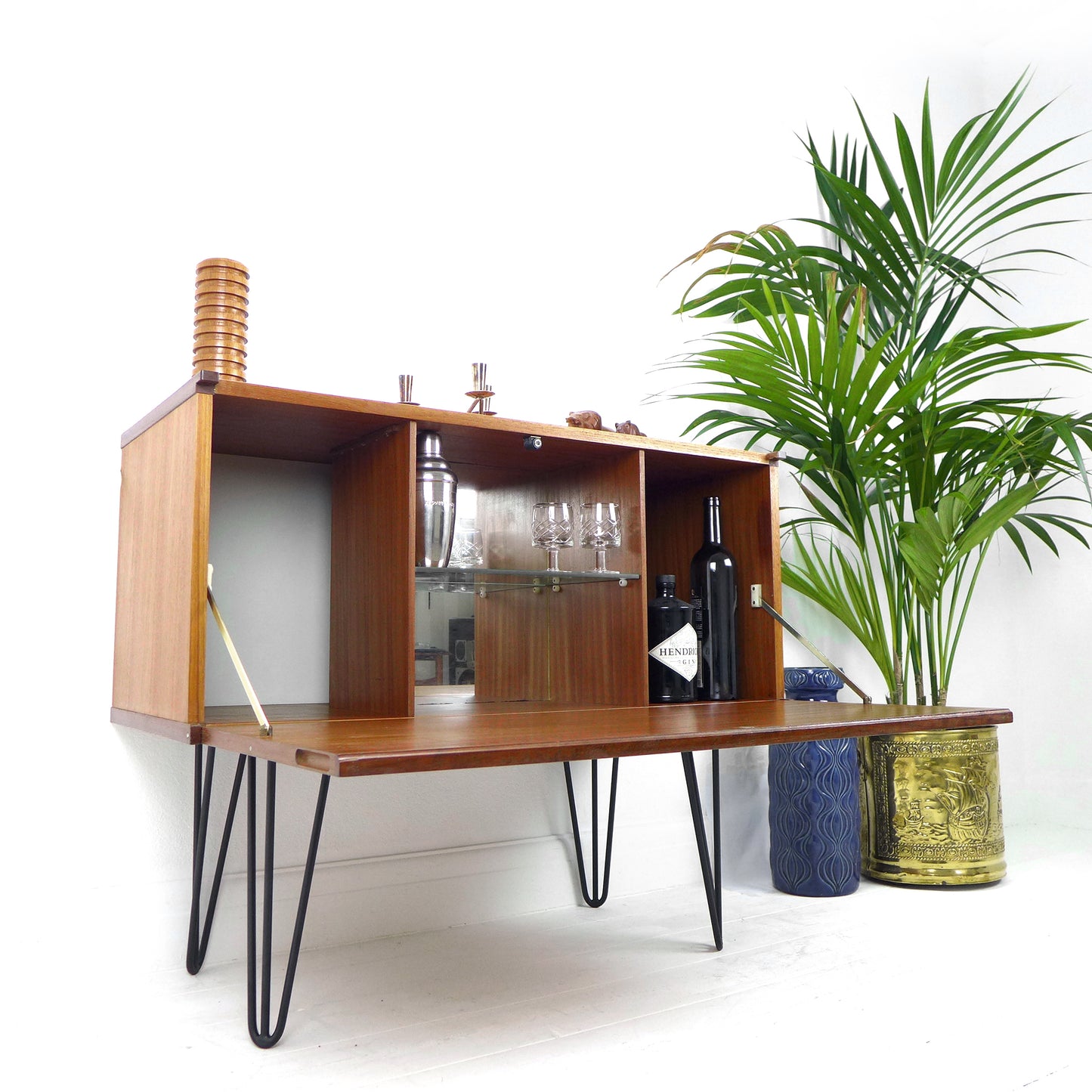 Mid Century Teak Drinks Cabinet / Compact Sideboard on Hairpin Legs - Beaver & Tapley