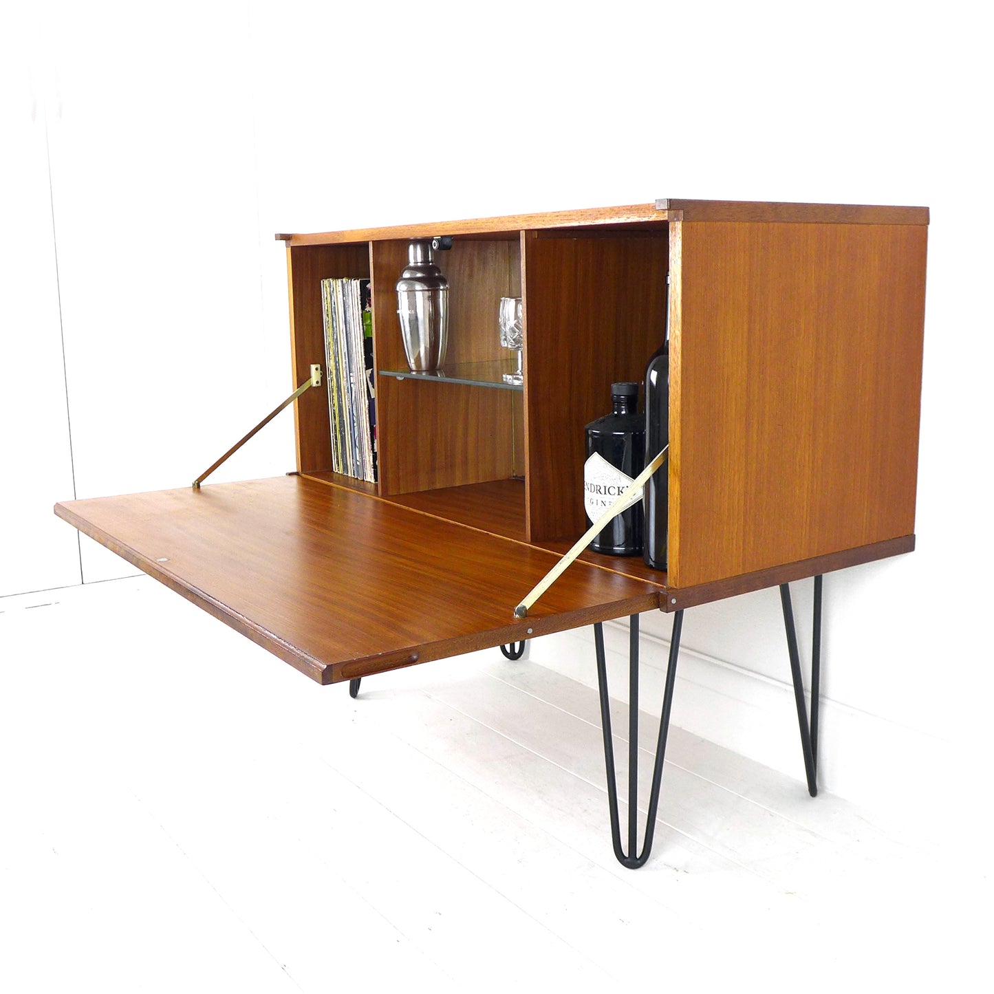 Mid Century Teak Drinks Cabinet / Compact Sideboard on Hairpin Legs - Beaver & Tapley