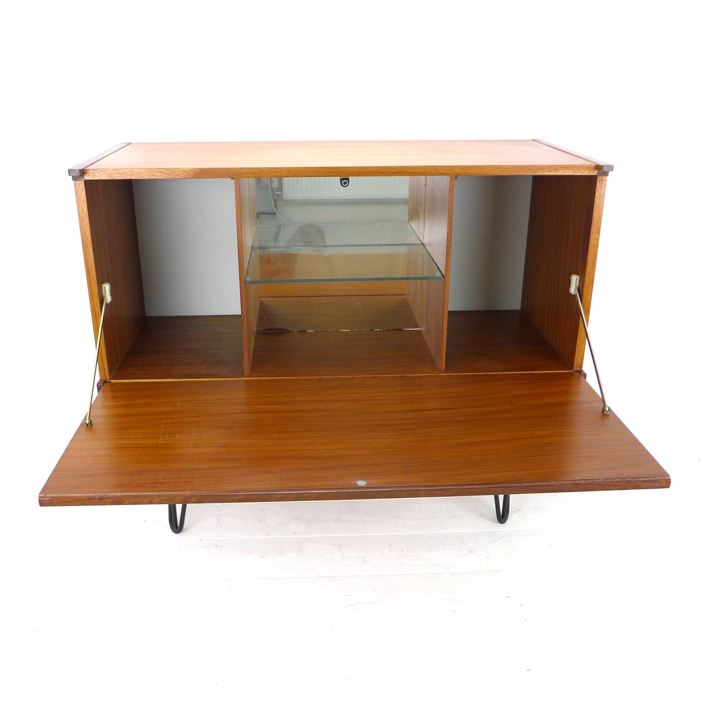 Mid Century Teak Drinks Cabinet / Compact Sideboard on Hairpin Legs - Beaver & Tapley