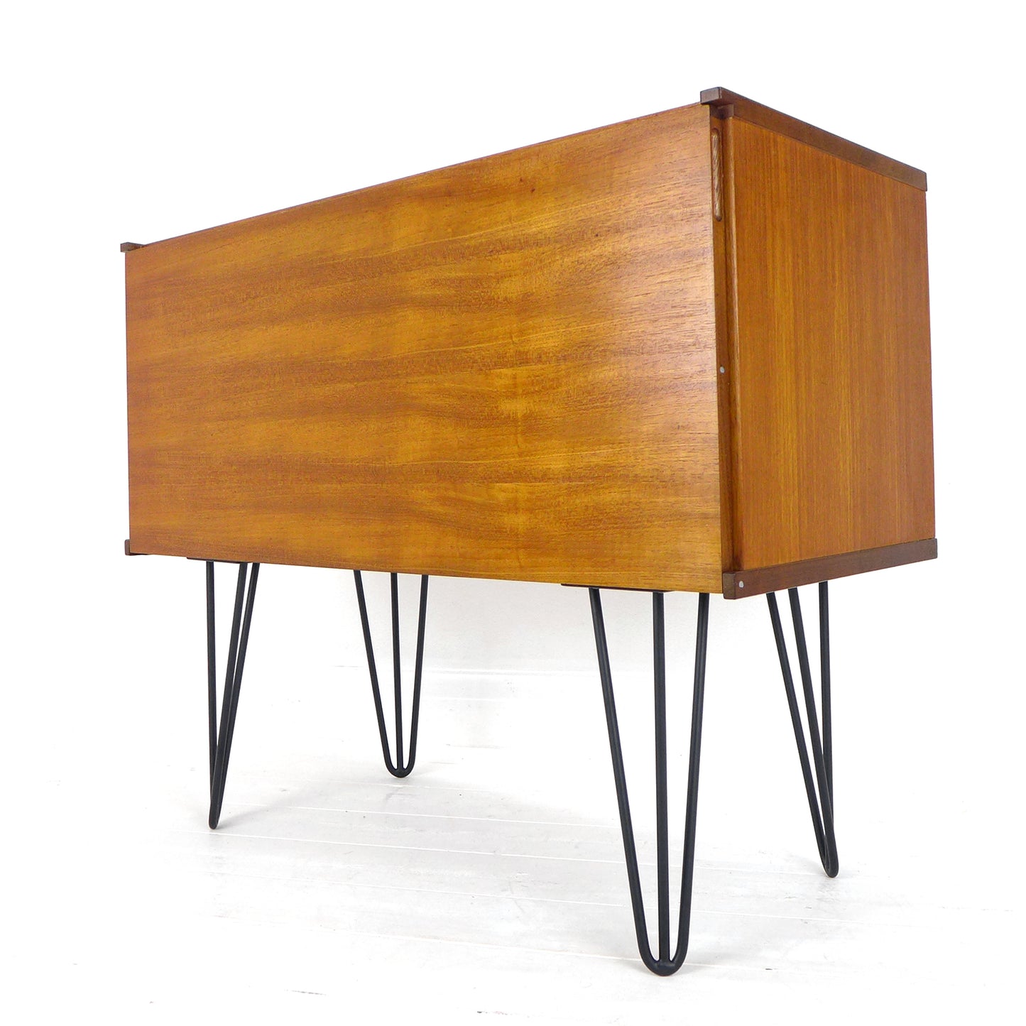 Mid Century Teak Drinks Cabinet / Compact Sideboard on Hairpin Legs - Beaver & Tapley