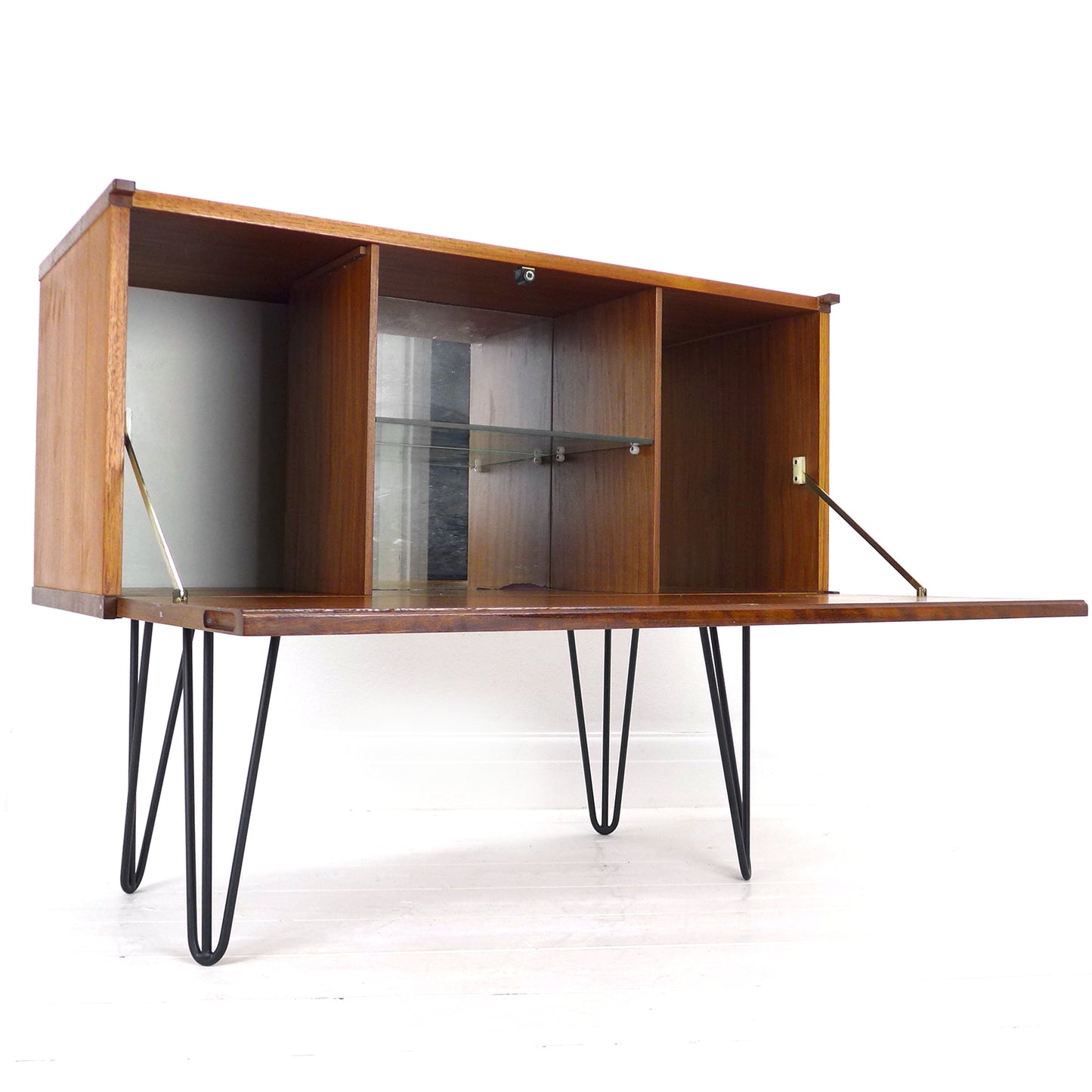 Mid Century Teak Drinks Cabinet / Compact Sideboard on Hairpin Legs - Beaver & Tapley