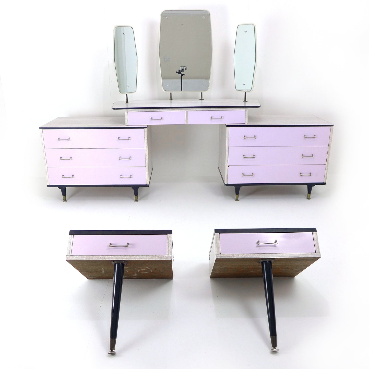 Mid Century Bedroom Set - Bedside Tables & Dressing table / Chest of Drawers with Mirrors - Vintage Melamine